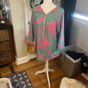 Belle by Kim Gravel Pink and Teal Tropical V-Neck Swim Coverup